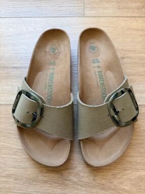 Birkenstock Single Strap Sandals in Olive Green with Tortoiseshell Buckles